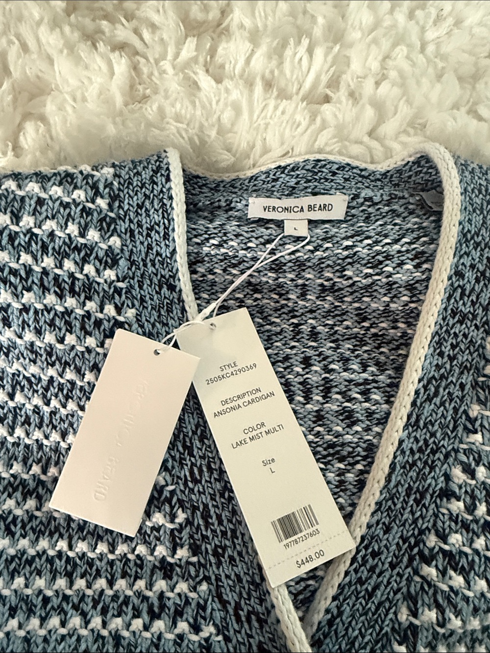Veronica Beard Blue & White Striped V-Neck Button Cardigan - Picture 2 of 3